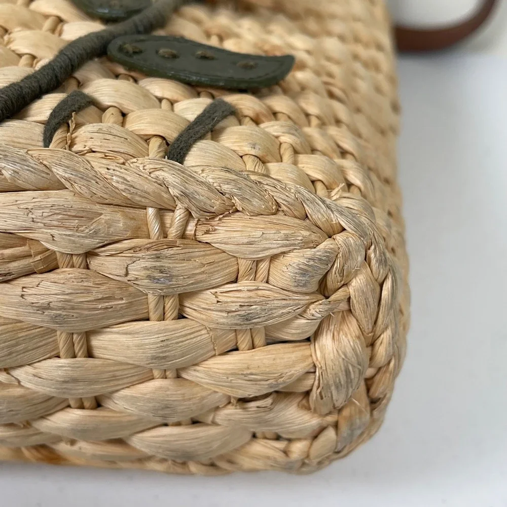 Vintage Elka Woven Straw Floral Applique Satchel Purse Handbag‎ Boho Cottage